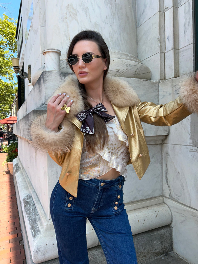 Cropped military jacket with fur cuffs and collar - metallic gold