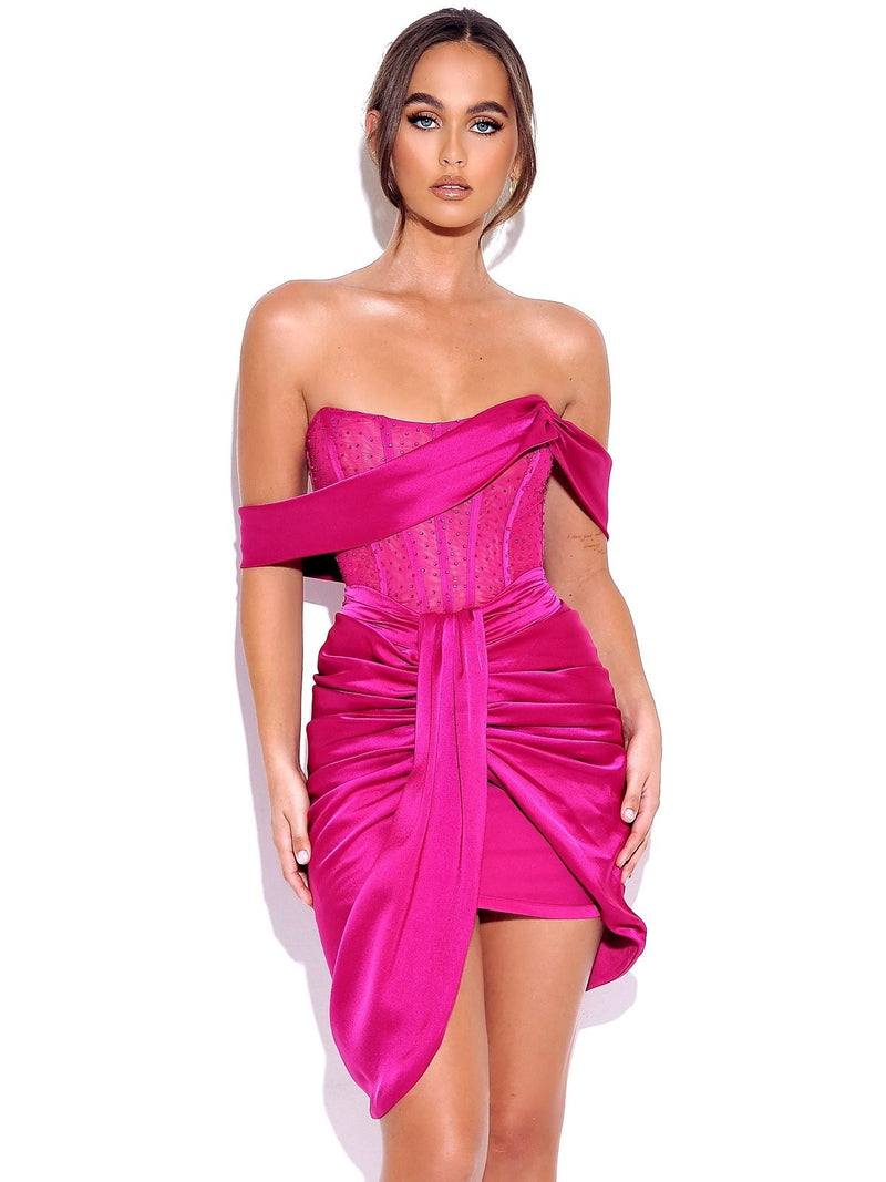 Fuchsia Off Shoulder Corset Satin Dress