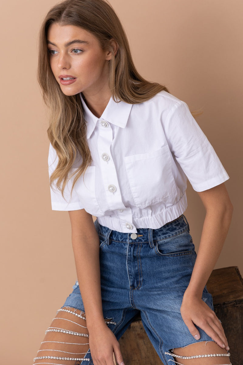 Short sleeves Button down Crop top White