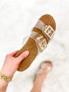 Clear Strap Wedge Sandals with Rhinestone Buckles - Cork Heel