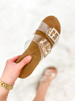 Clear Strap Wedge Sandals with Rhinestone Buckles - Cork Heel