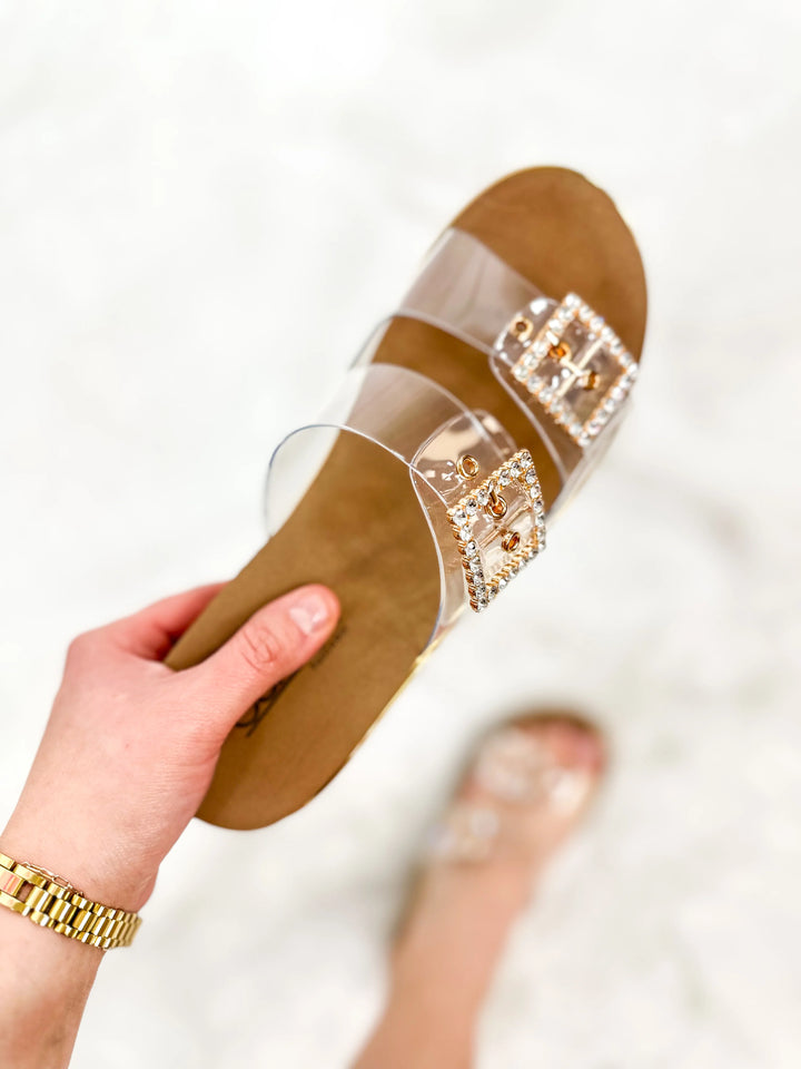 Clear Strap Wedge Sandals with Rhinestone Buckles - Cork Heel