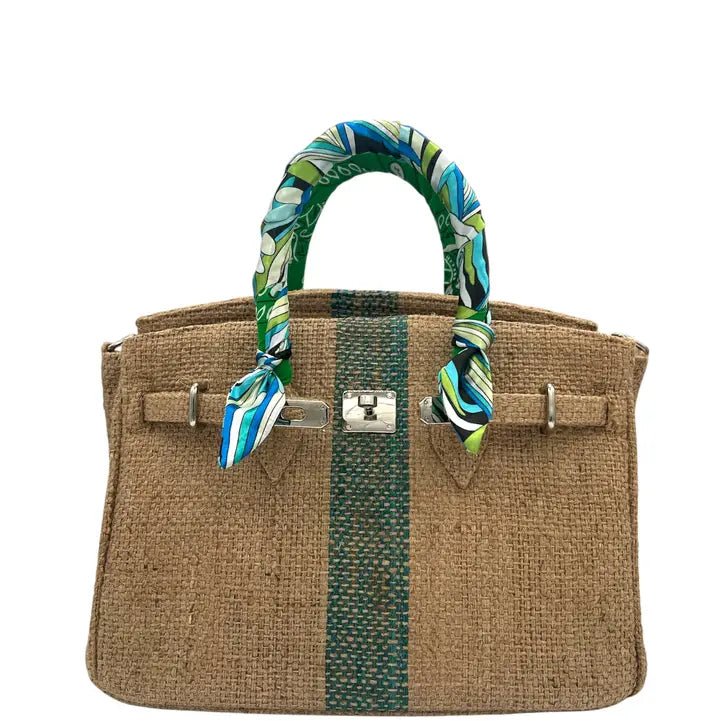 Woven Straw Tote Medium Bag with Green Stripe and Scarf Wrapped Handle