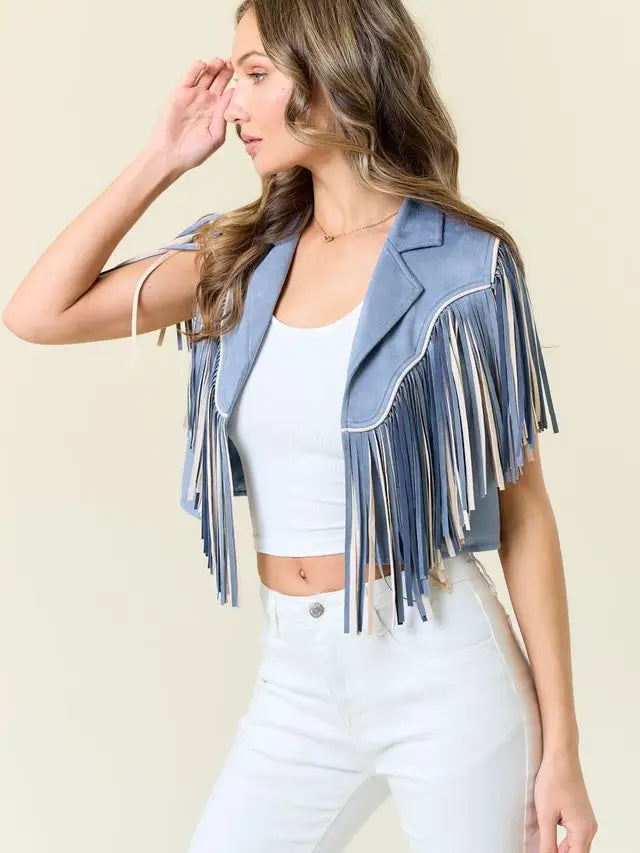 Powder Blue Fringe-Trimmed Western Crop Vest