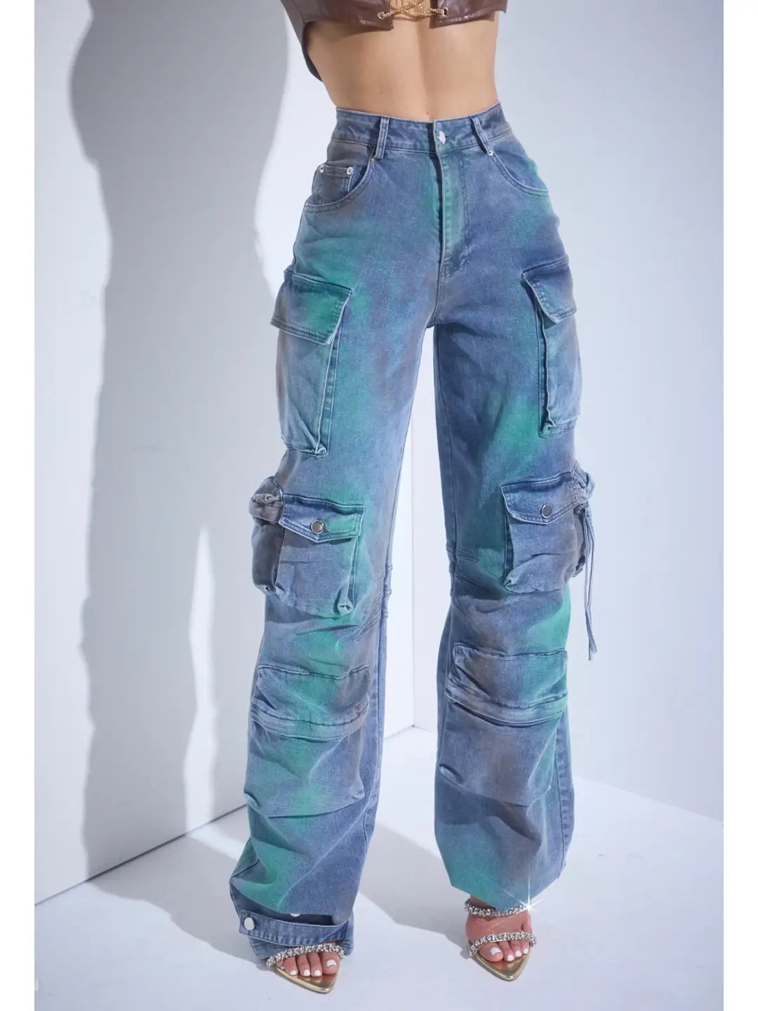Distressed Cargo Flare Jeans with Side Pockets