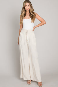 Soft Linen Smocked Waist Wide Leg Pants