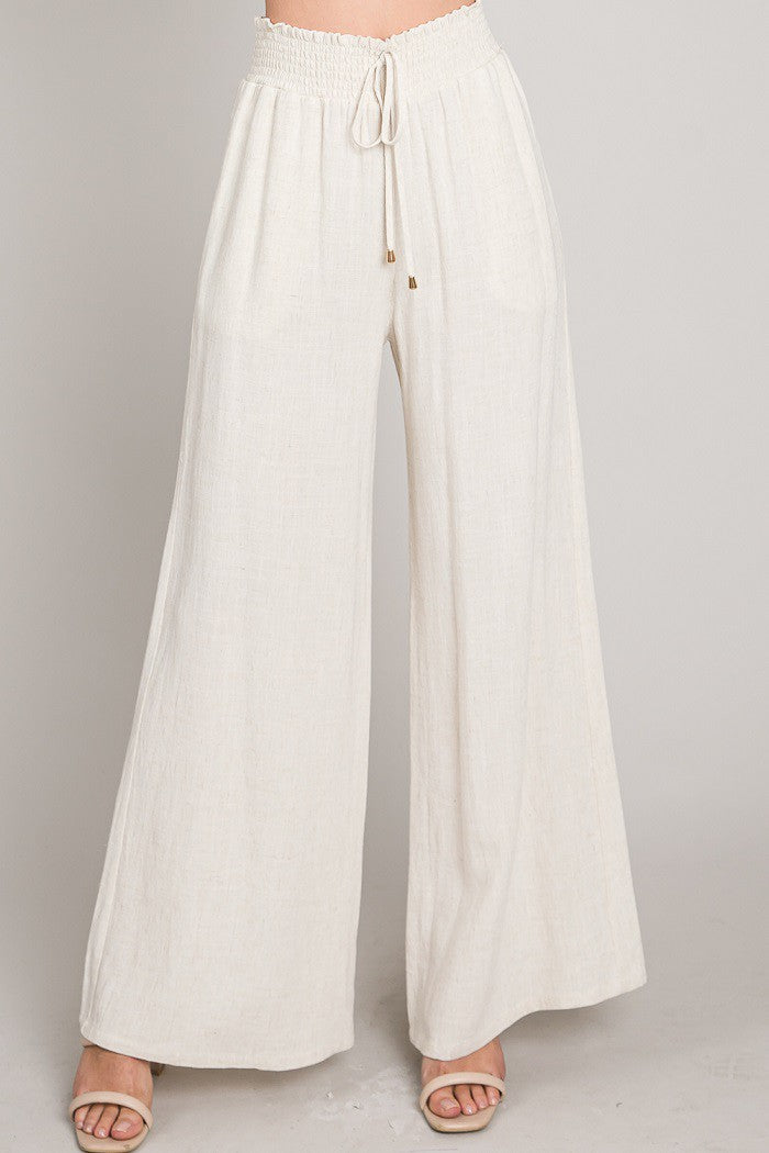 Soft Linen Smocked Waist Wide Leg Pants