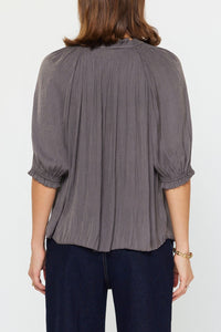 Charcoal Pleated V-Neck Blouse with Smocked Details