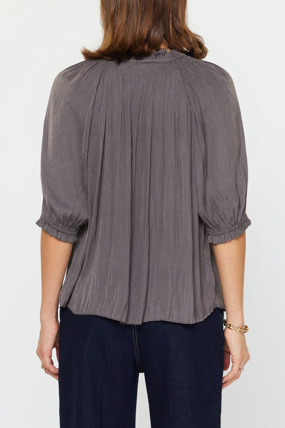Charcoal Pleated V-Neck Blouse with Smocked Details