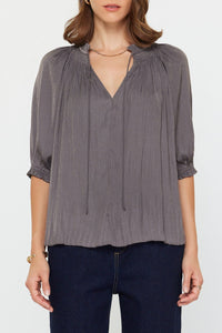 Charcoal Pleated V-Neck Blouse with Smocked Details