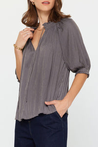 Charcoal Pleated V-Neck Blouse with Smocked Details