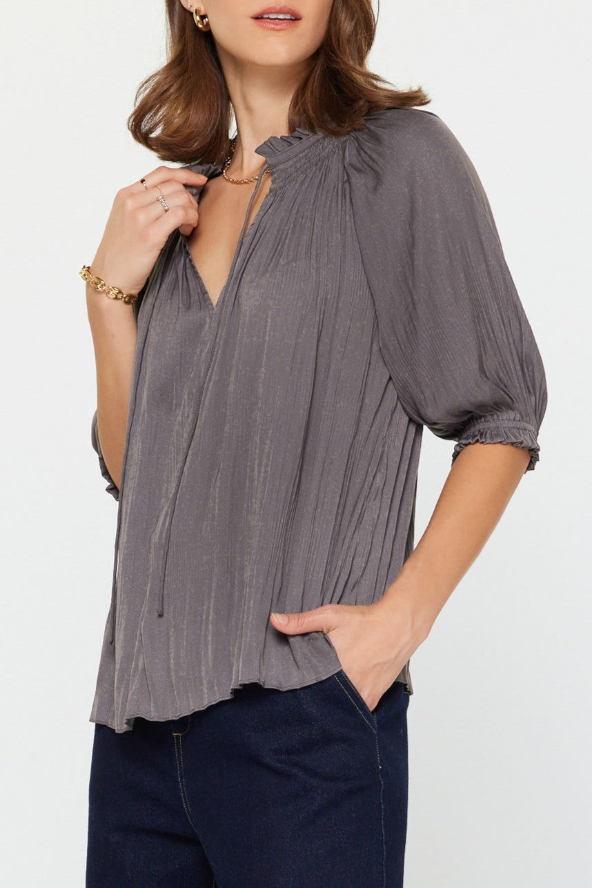 Charcoal Pleated V-Neck Blouse with Smocked Details