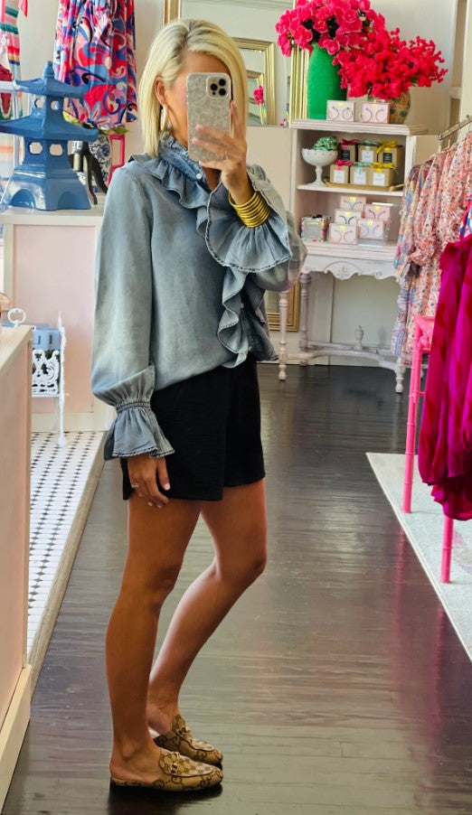 Ruffled Chambray Long Sleeve Top