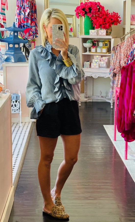 Ruffled Chambray Long Sleeve Top