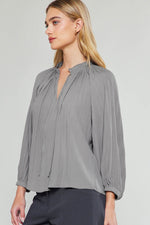 3/4 SLEEVE SPLIT NECK BLOUSE WITH PLEATED TIE TOP