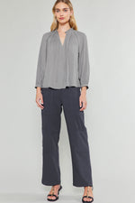 3/4 SLEEVE SPLIT NECK BLOUSE WITH PLEATED TIE TOP