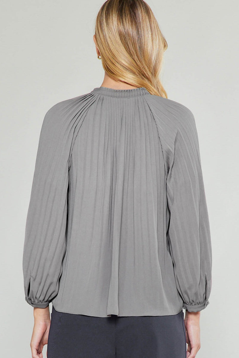 3/4 SLEEVE SPLIT NECK BLOUSE WITH PLEATED TIE TOP