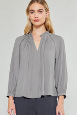 3/4 SLEEVE SPLIT NECK BLOUSE WITH PLEATED TIE TOP