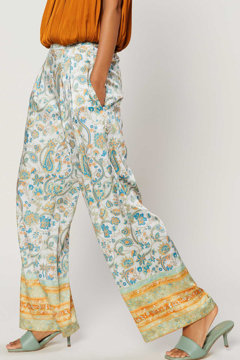 BORDER PRINT WIDE LEG PANTS WITH ELASTIC BACK WAISTBAND