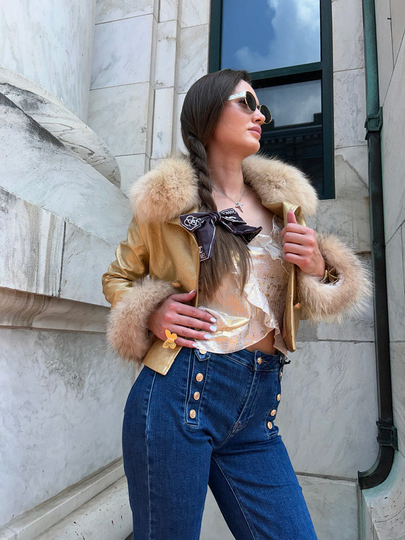 Cropped military jacket with fur cuffs and collar - metallic gold