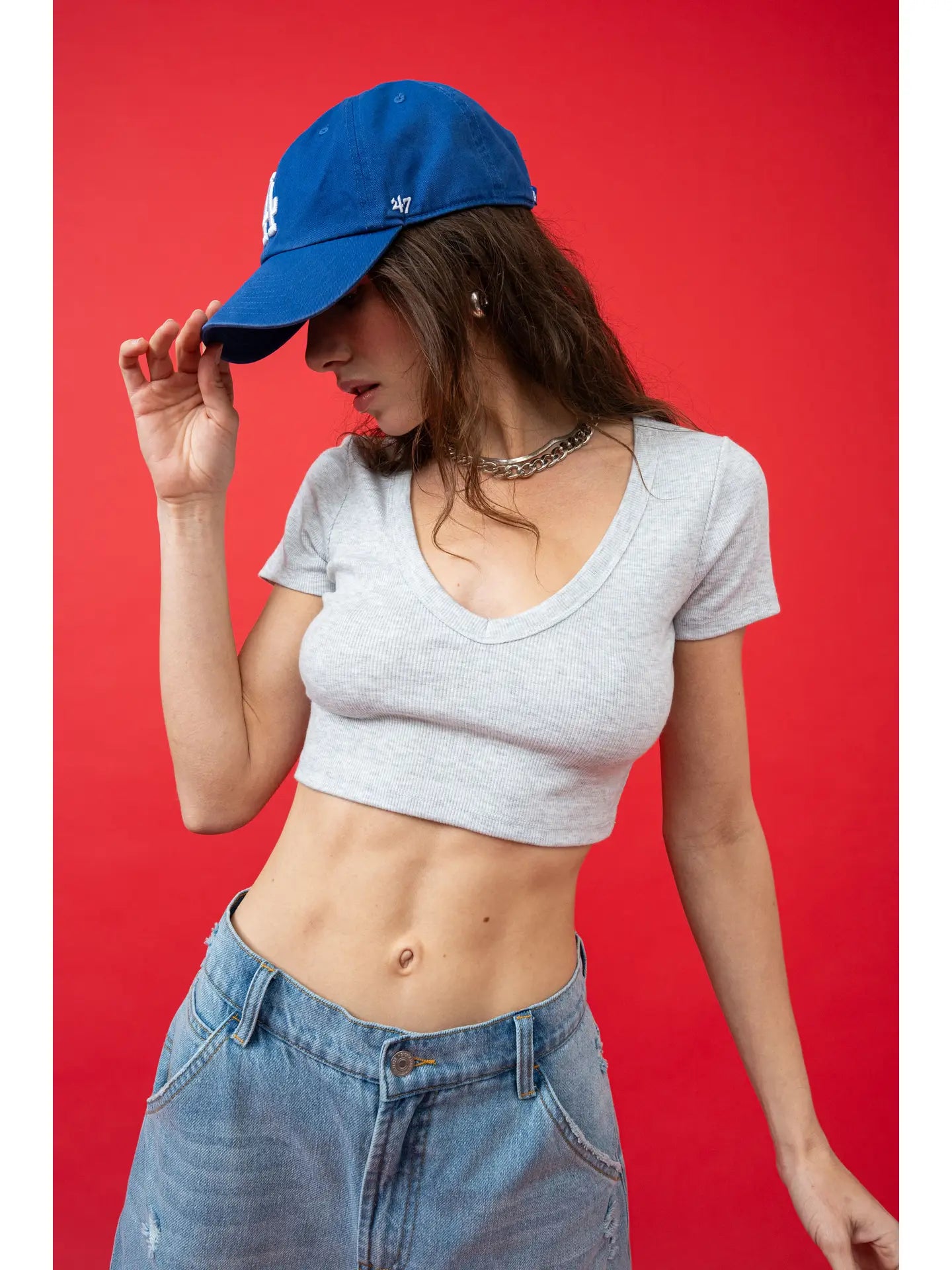 Gray Ribbed V-Neck Crop Top with Ribbon Tie Shoulder Detail