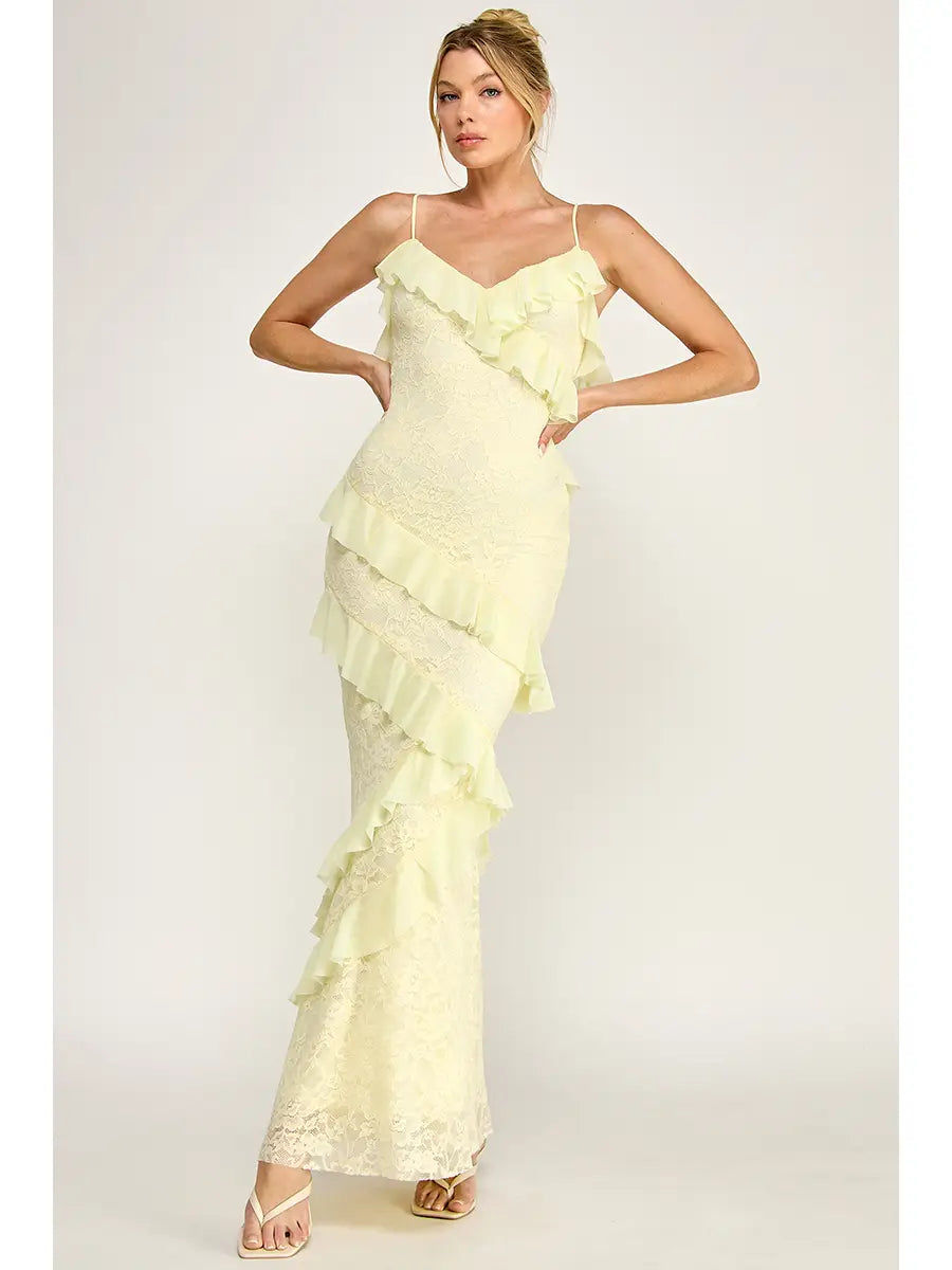 Light Yellow Lace Ruffle Strap Maxi Dress