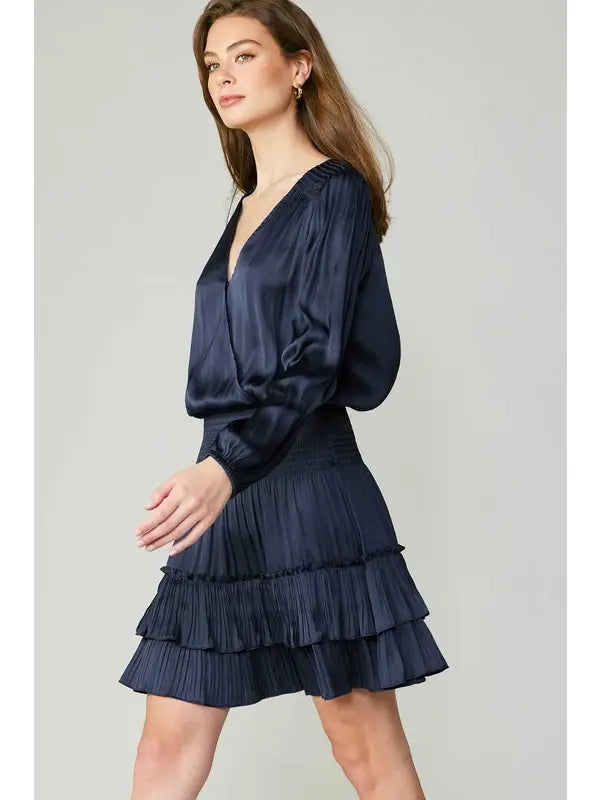 Navy Satin Pleated Tiered Mini Dress with Smocked Waist