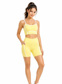 Yellow Contrast Trim Active Crop Top & Biker Shorts Set