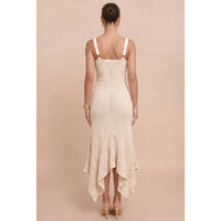 Textured Knit Asymmetrical Ruffle Hem Midi Dress with Wide Straps