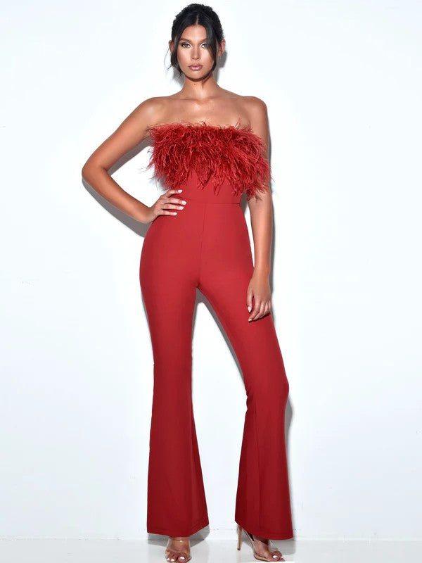 Burgundy Feather Jumpsuit