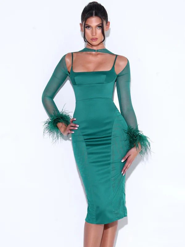 Emerald Green Satin Mesh Sleeve Dress Amanda Jean NYC Emerald Green Satin Mesh Sleeve Dress Amanda Jean NYC