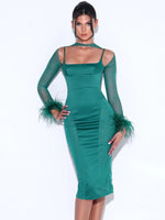 Emerald Green Satin Mesh Sleeve Dress