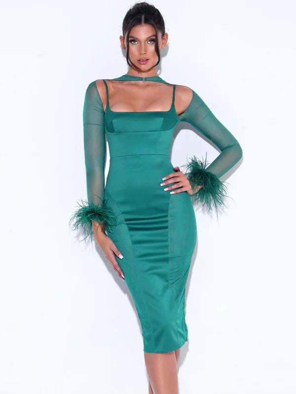 Emerald Green Satin Mesh Sleeve Dress, XXS / Emerald Green Emerald Green Satin Mesh Sleeve Dress, XXS / Emerald Green