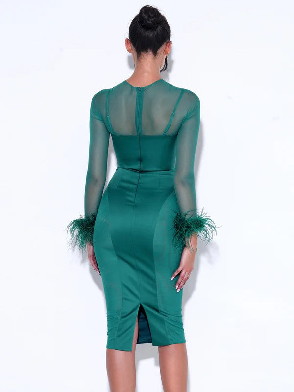 Emerald Green Satin Mesh Sleeve Dress, XXS / Emerald Green Emerald Green Satin Mesh Sleeve Dress, XXS / Emerald Green