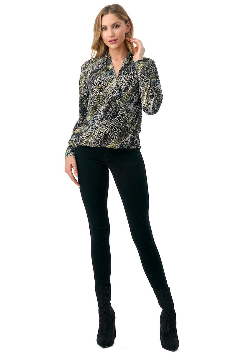 Animal Print Wrap Front Long Sleeve Top