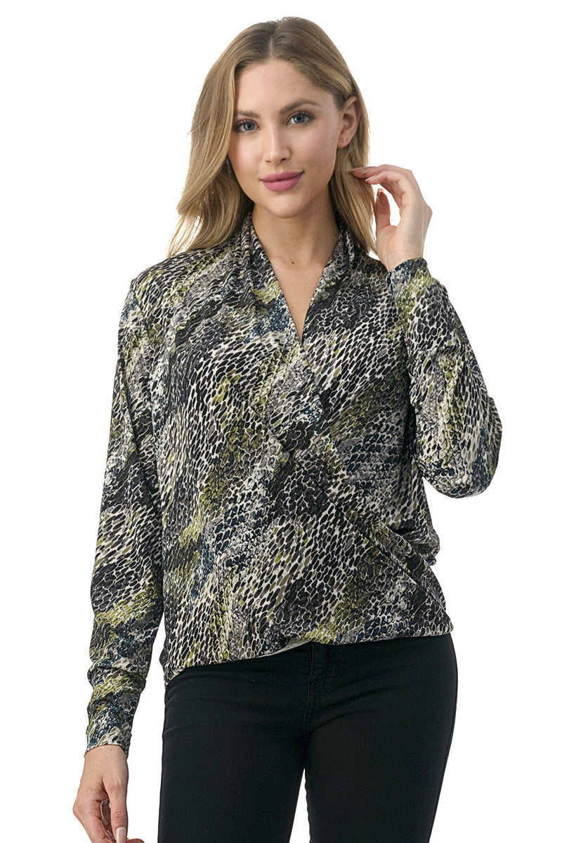 Animal Print Wrap Front Long Sleeve Top