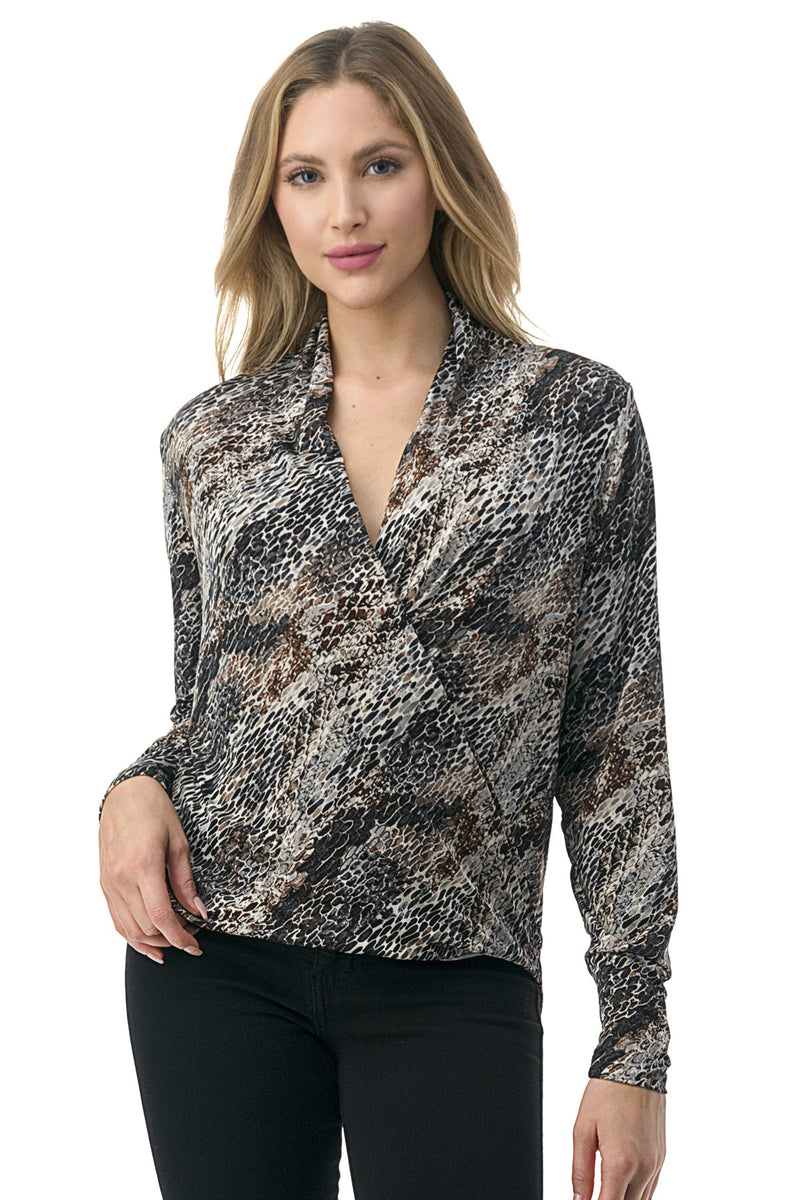 Animal Print Wrap Front Long Sleeve Top