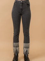 Black Denim Pants With Layered Bejeweled Fringes