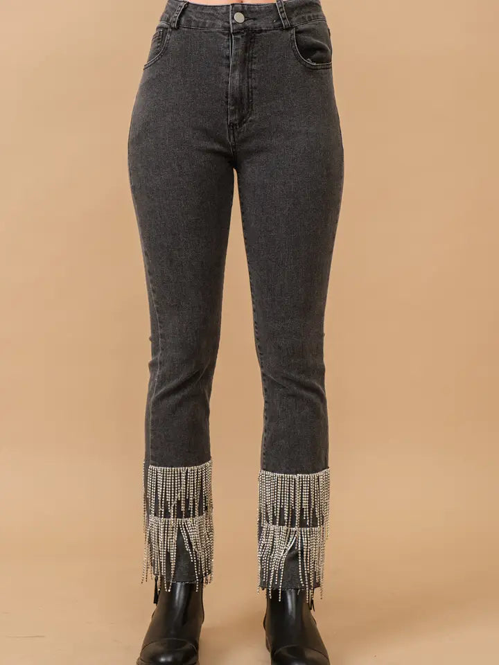 Black Denim Pants With Layered Bejeweled Fringes Black