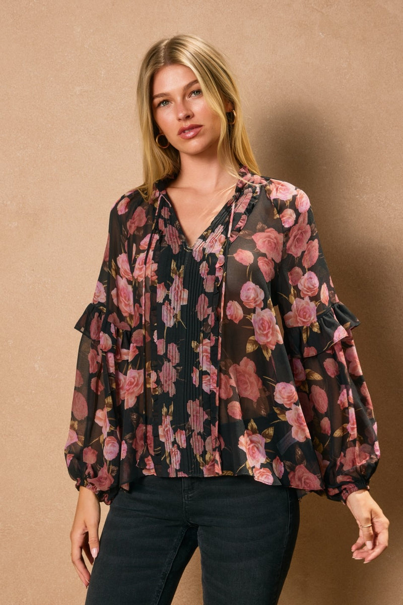 Black Floral Sheer Ruffle Sleeve Blouse