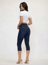 High Waisted Dark Wash Capri Denim Leggings with Crossover Waistband