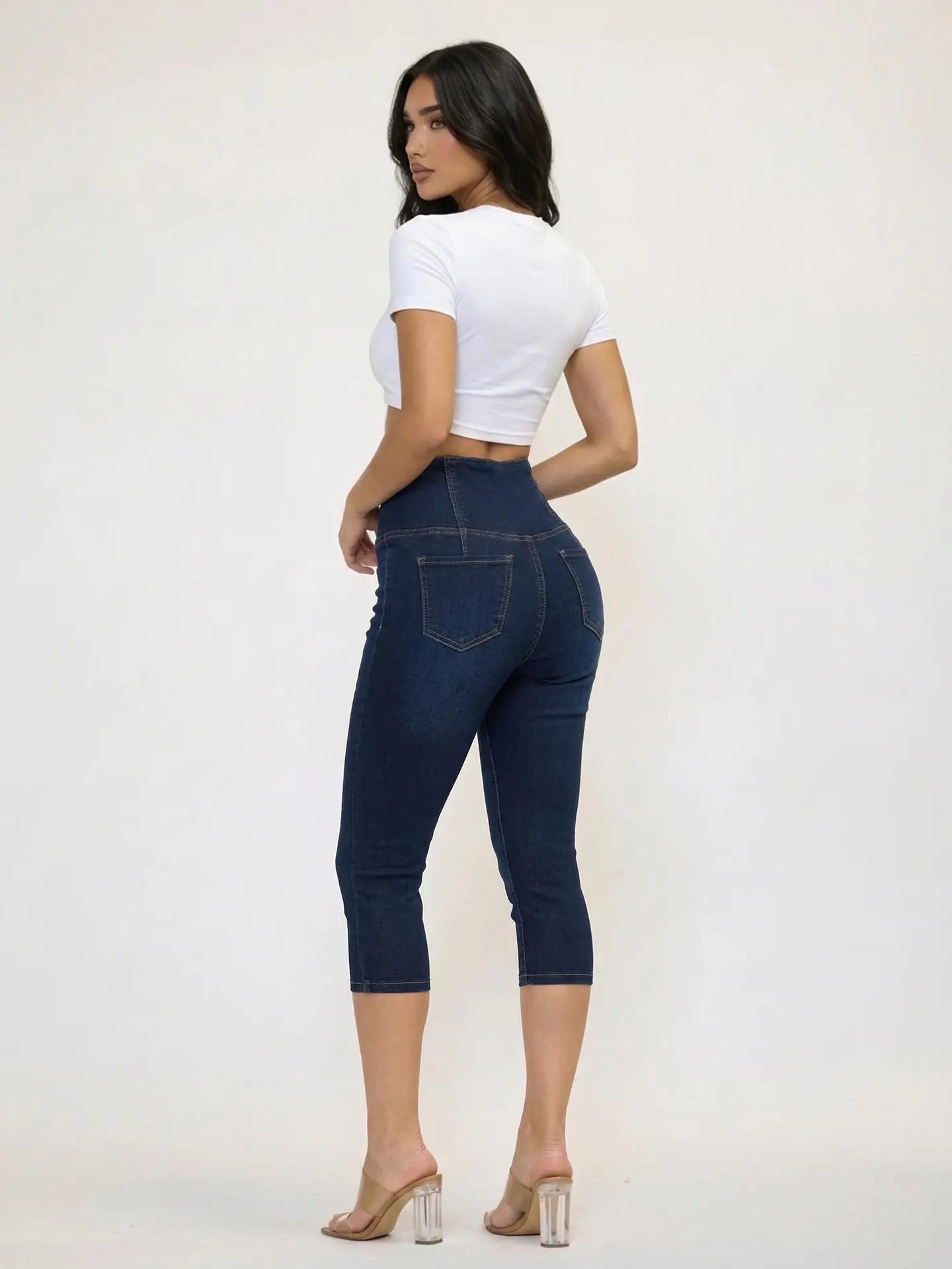 High Waisted Dark Wash Capri Denim Leggings with Crossover Waistband