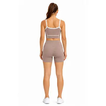 Nude Contrast Trim Active Crop Top & Biker Shorts Set