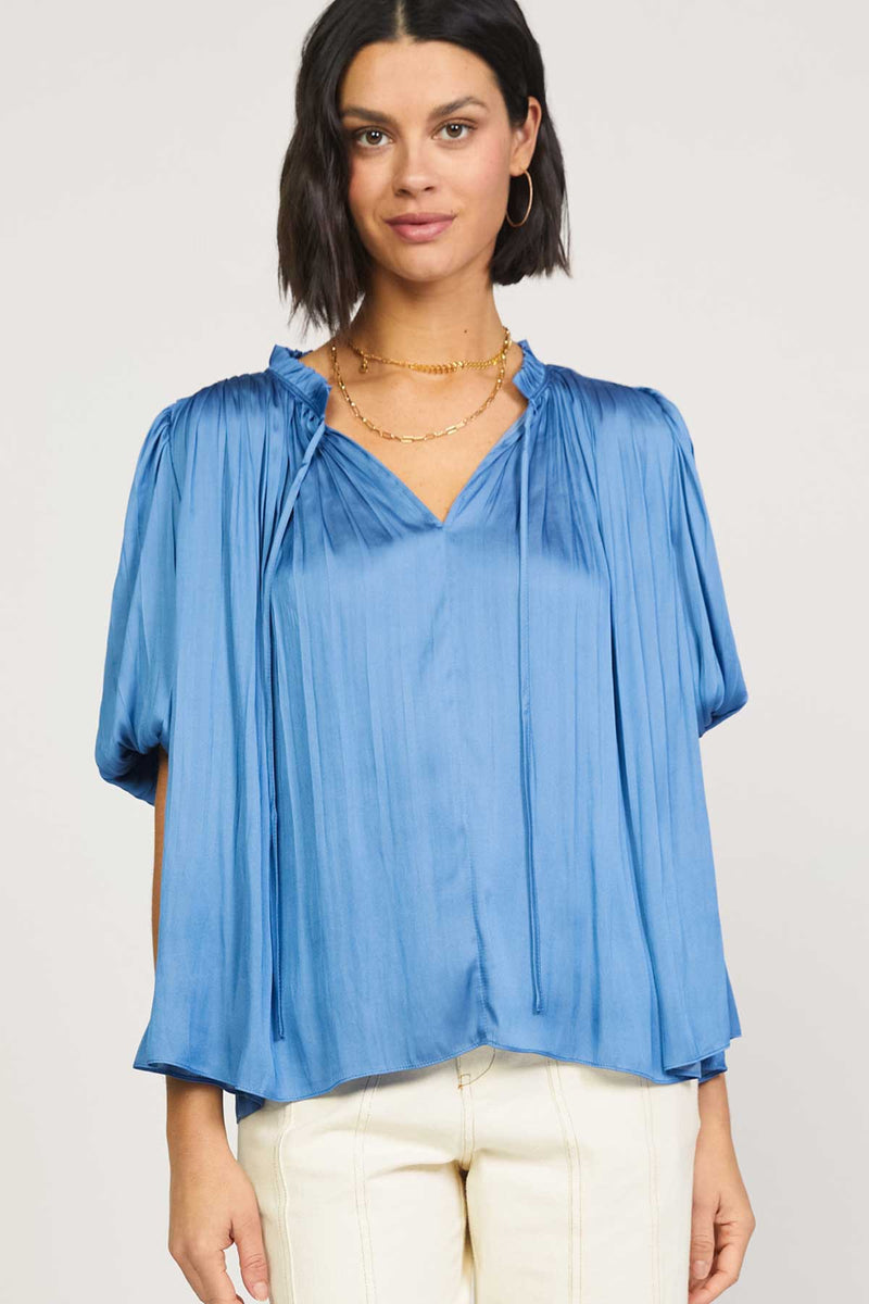 PUFF SLEEVE RUFFLED NECK WITH TIE BLOUSE