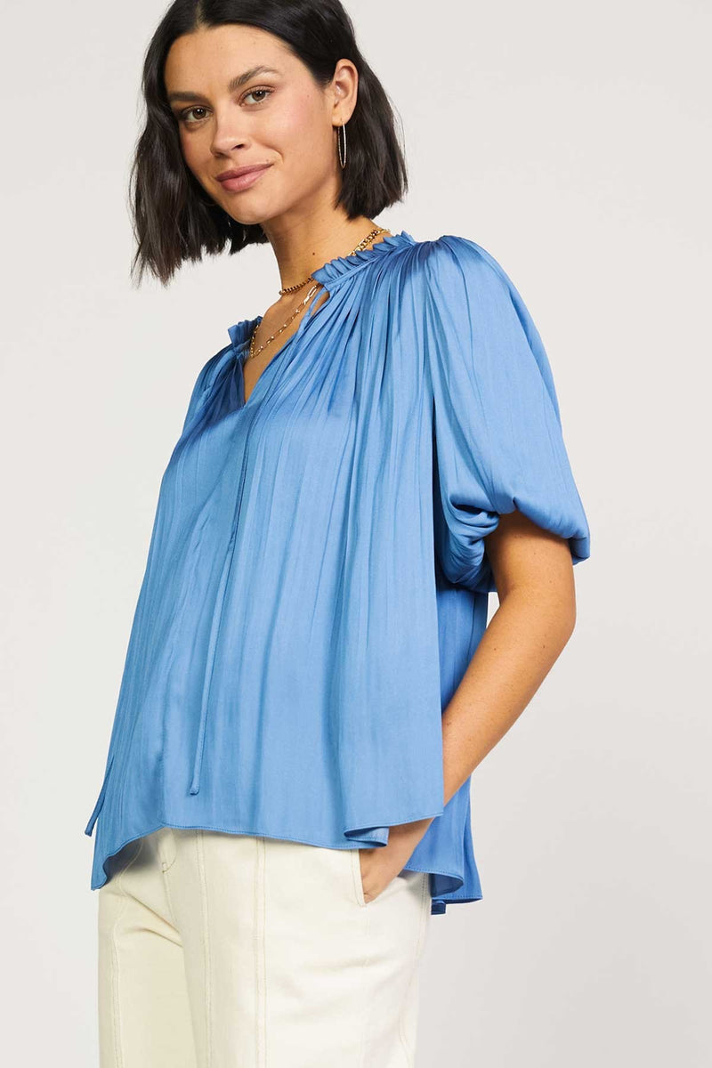 PUFF SLEEVE RUFFLED NECK WITH TIE BLOUSE