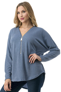 Ribbed Half-Zip Relaxed Fit Pullover Top