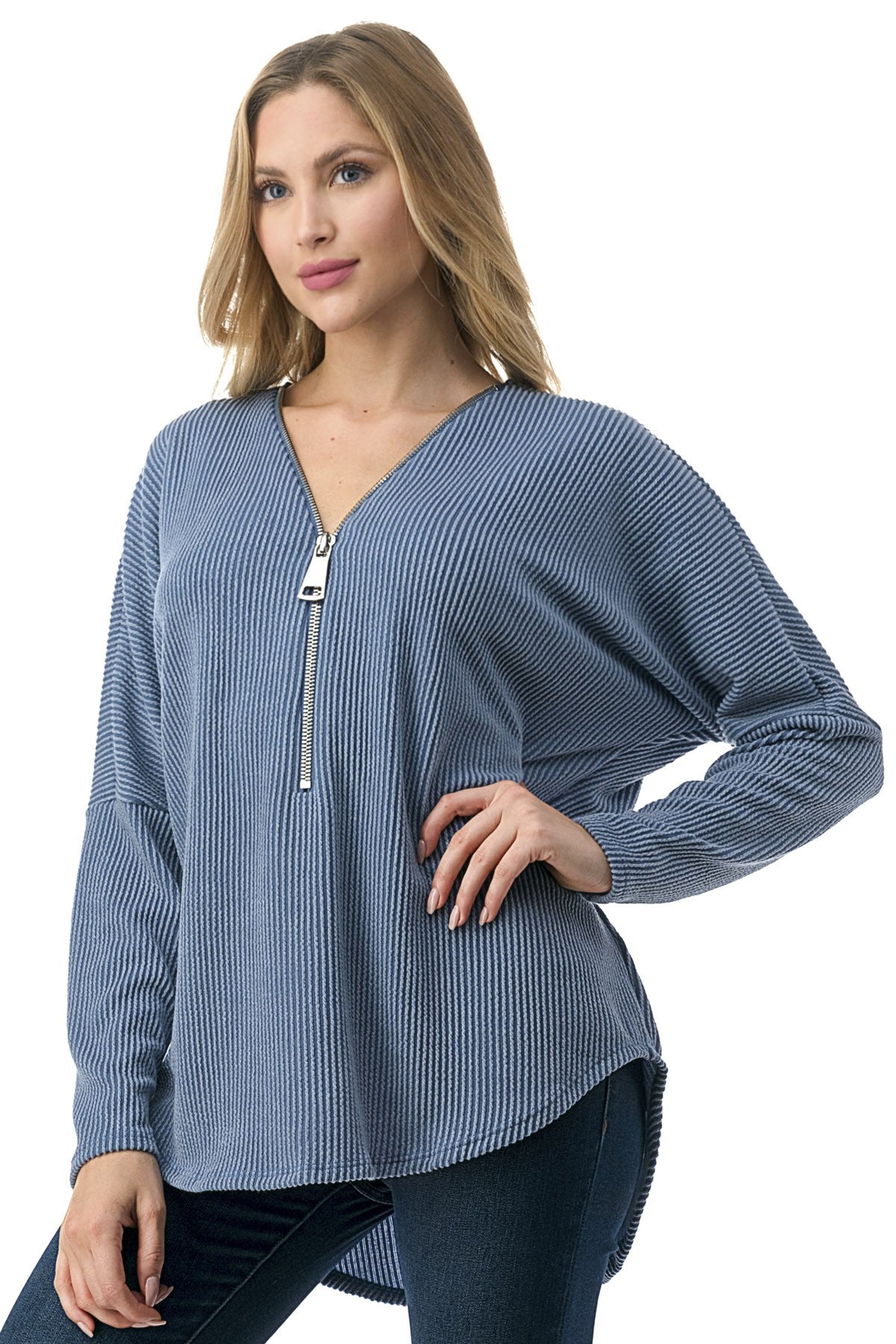 Ribbed Half-Zip Relaxed Fit Pullover Top