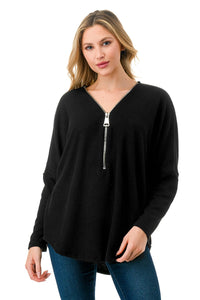 Ribbed Half-Zip Relaxed Fit Pullover Top