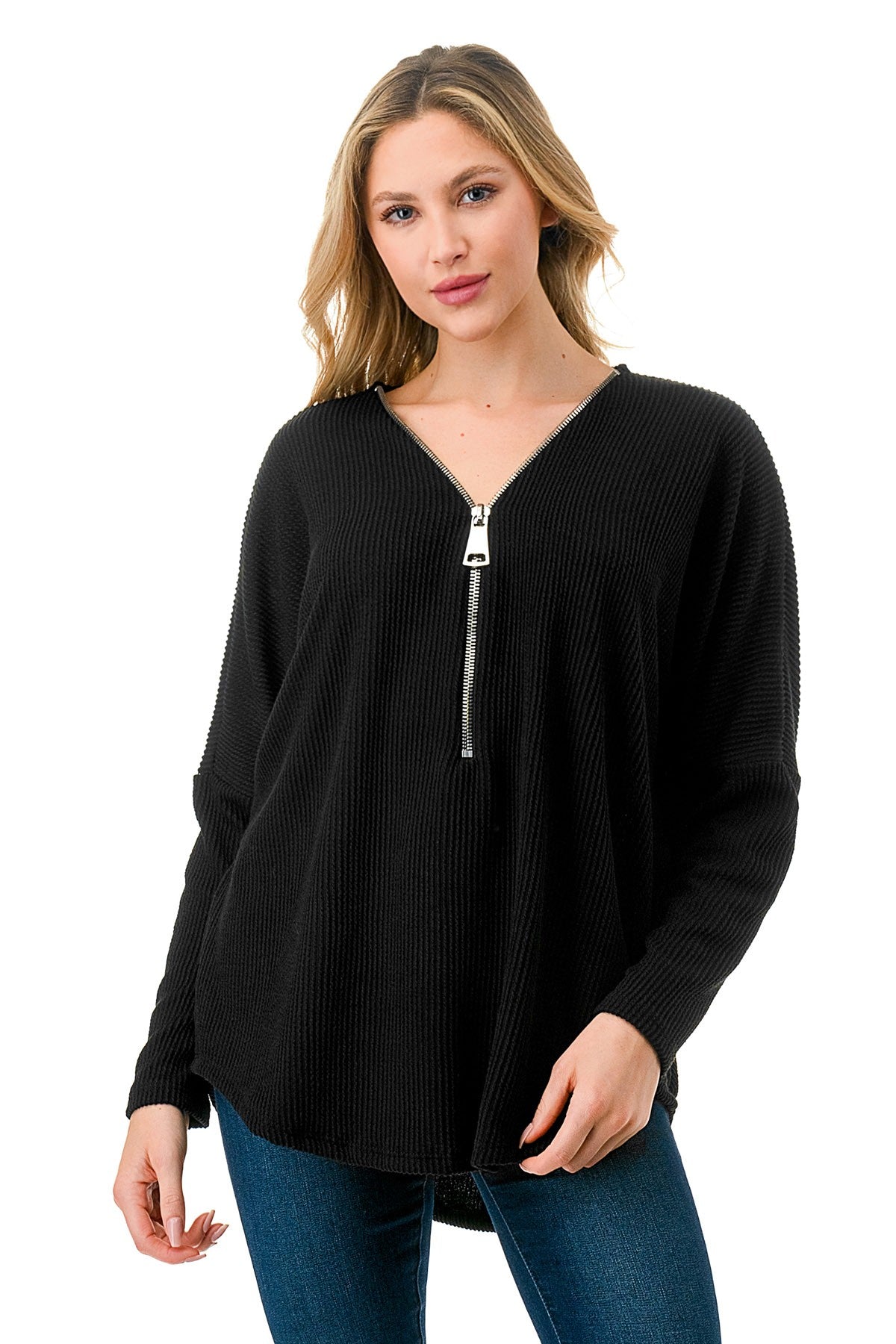 Ribbed Half-Zip Relaxed Fit Pullover Top