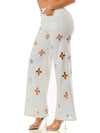White Wide Leg Jeans with Pearl-Embellished Cutout Floral Detailing